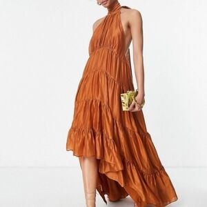 ASOS Maxi Dress Voile Halter Tiered Burnt Orange 4 Tall Special Occasion Party